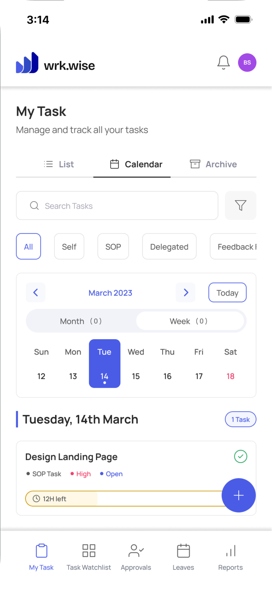 The wrk.wise app on a driver phone, showing the tasks for the day